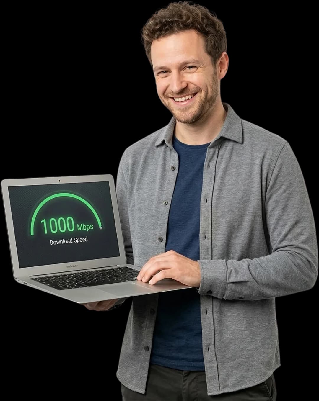 Mann mit Laptop zeigt Richtfunk-Geschwindigkeit